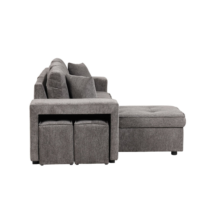 Modern L-Shape 3 Seat Reversible Sectional Couch, Pull Out Sleeper Sofa With Storage Chaise And 2 Stools For Living Room Furniture Set