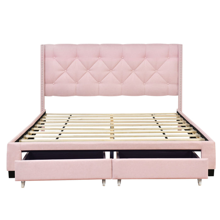Queen Size Storage Bed Linen Upholstered Platform Bed & Two Drawers - Pink