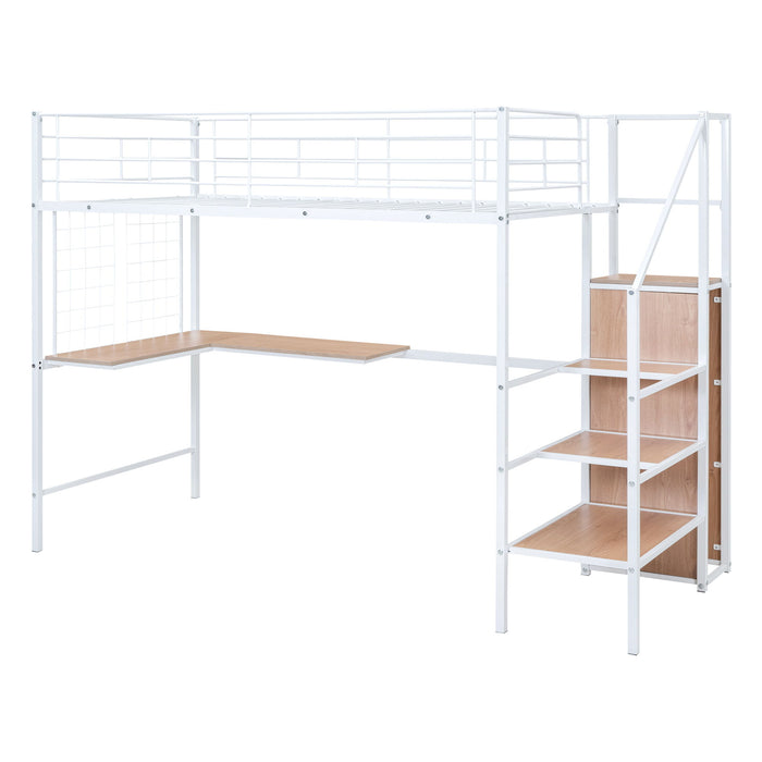 Loft Bed With Desk And Grid, Stylish Frame With Lateral Storage Ladder And Wardrobe