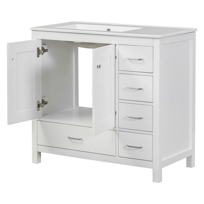 Bathroom Vanity With Ceramic Sink Combo, Abundant Storage Cabinet 2 Soft Close Doors And 5 Drawers