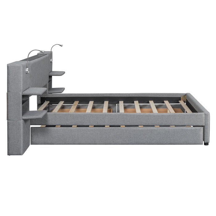 Upholstered Platform Bed With Reading Lights, Drawers, Trundle And Shelves