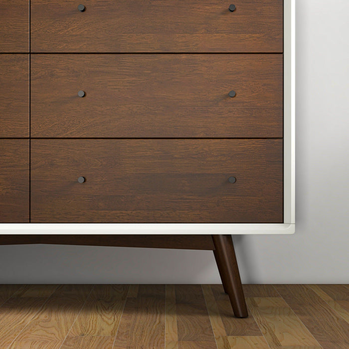 Mid-Century Modern White Dresser 6 Drawer - Dark Brown / White