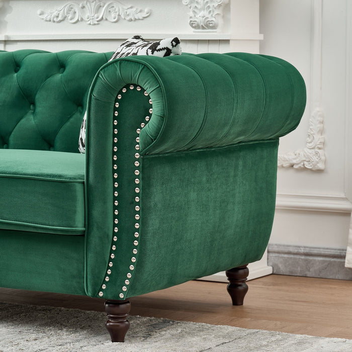 Mid Century Chesterfield Velvet Fabric Sofa With Roll Armrest & Nailhead, Green, 87 Inches