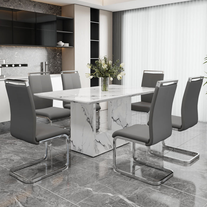 A Simple Dining Table. A Dining Table With A White Marble Pattern. 6 PU Synthetic Leather High Backrest Cushioned Side Chairs With C-Shaped Silver Metal Legs