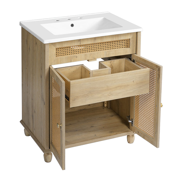 Bathroom Vanity With Handwoven Rattan Doors, Resin Basin - Natural Wood