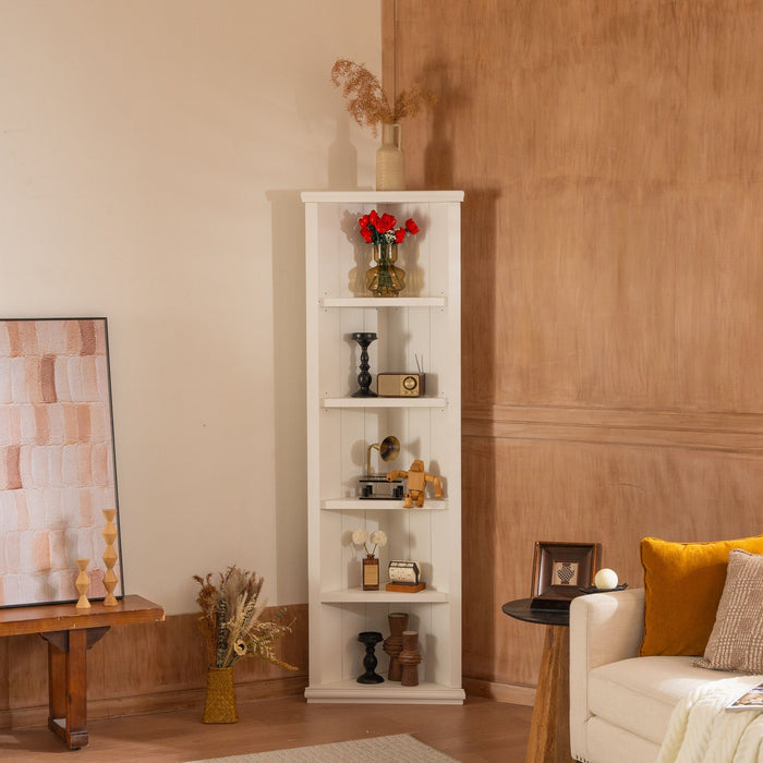 Retro Style Wall Suit With Glass Doors, 75.25" Tall Display Cabinets & Triangle Sided Bookshelves - White