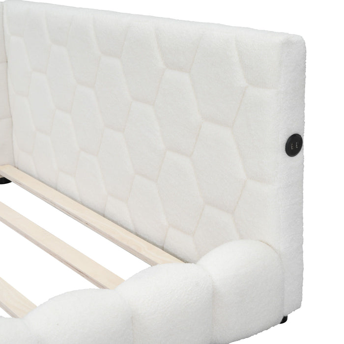 Upholstered Full Size Platform Bed With LED Belt And USB Ports - White