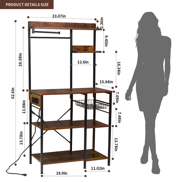 Bakers Rack With Power Outlet, Coffee Bar With S-Shaped Hooks, Kitchen Shelf With Wire Basket - Black / Brown