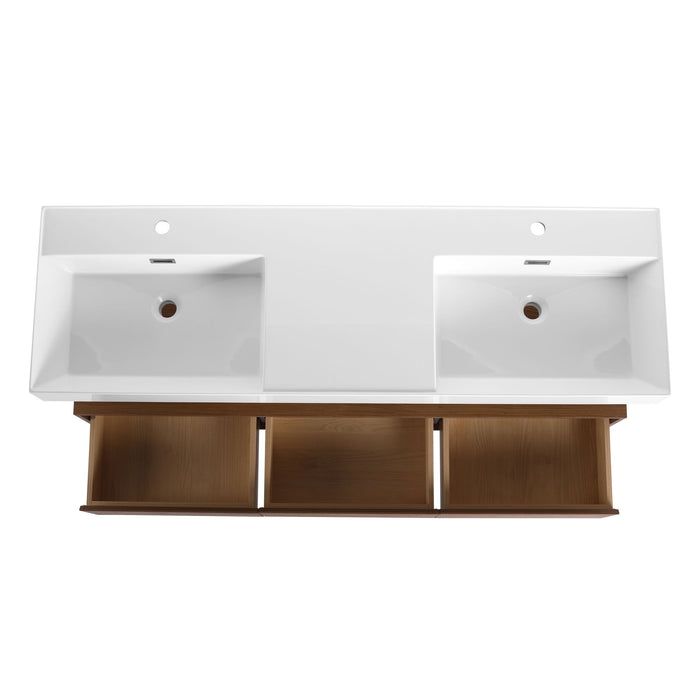 Contemporary Wall Mounted Bathroom Vanity With Dual Resin Sink And Soft Close Drawer