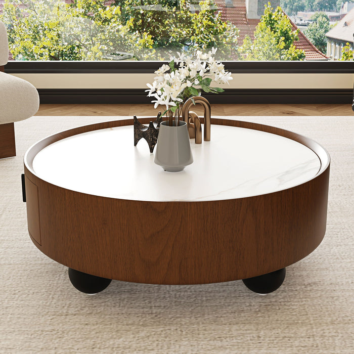 Round Coffee Table With Ball Feet, Pull Handle Storage Drawer - Bouguer Walnut / Brown