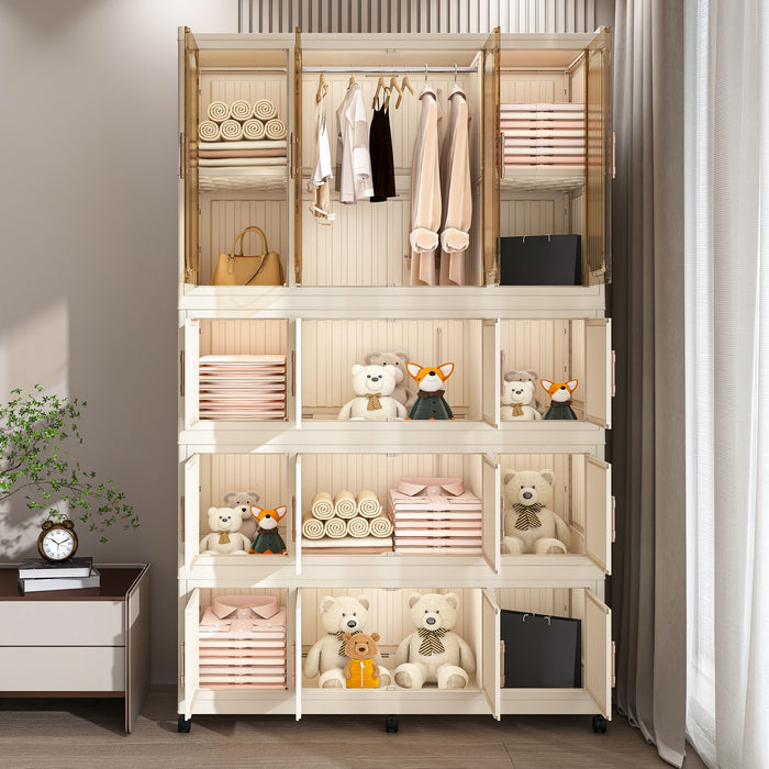 Portable Wardrobe Closet Storage Organizer With 17 Magnetic Doors, 17 Cubes, Hanging Rod & 6 Hangers - Creamy White