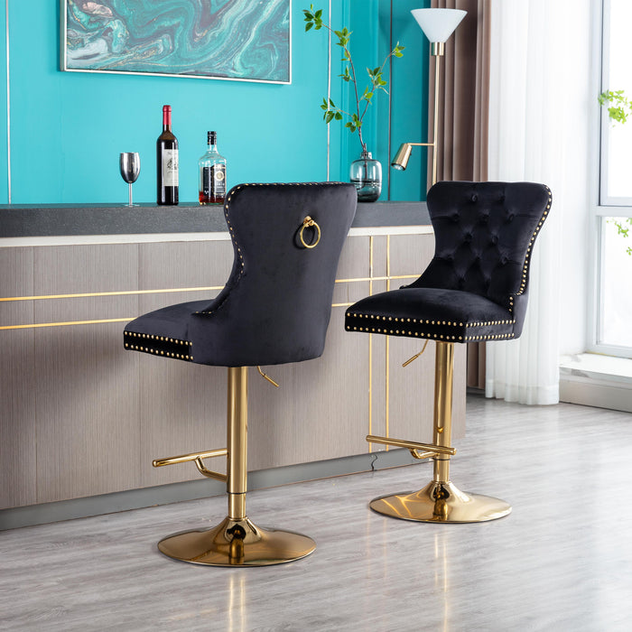 Swivel Bar Stools Chair (Set of 2) Modern Adjustable Counter Height Bar Stools, Velvet Upholstered Stool With Tufted High Back & Ring Pull For Kitchen, Chrome Golden Base, Black