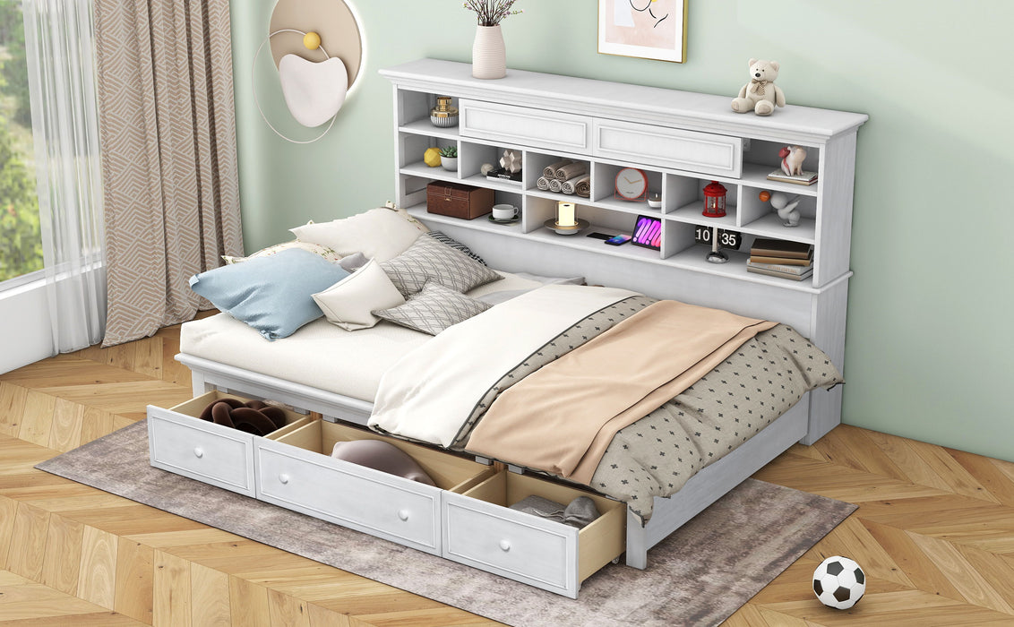 Twin Size Wood Daybed With Multi - Storage Shelves, Charging Station And 3 Drawers, Antique White