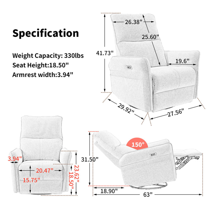270° Power Swivel Rocker Glider Recliner Chair With USB Ports