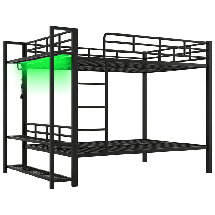 Bunk Bed With Storage Mesh Shelves, Clothes Hooks, LED Light