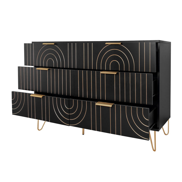 Modern 6 Drawer Dresser, Modern Dresser With Metal Handles, Storage Chest Of Drawer, Wide Dresser Drawer Organizers With Carving Design For Bedroom, Living Room, Hallway - Black