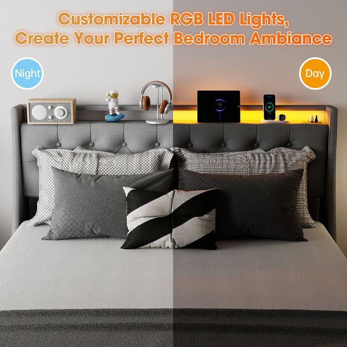 Platform Bed Frame With RGB LED Lights, Charging Station, Storage Headboard & 4 Underbed Drawers