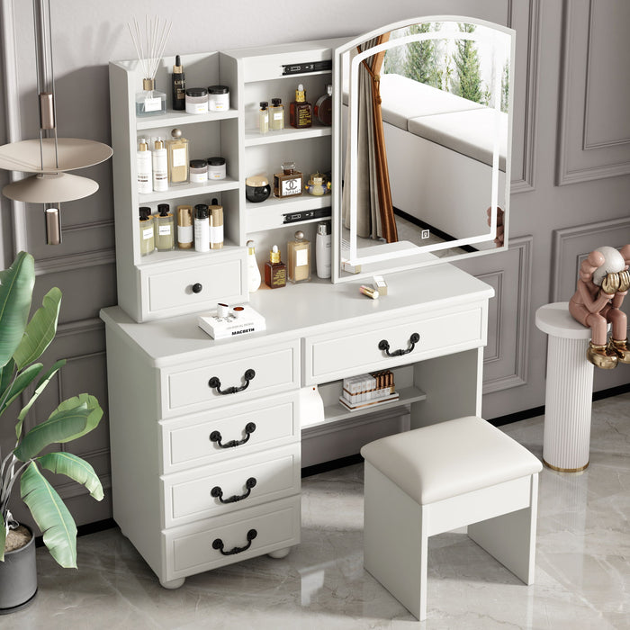 Fashion Vanity Desk With Mirror And Adjustable Lighting, 6 Drawers, 3 Color Light Modes - White