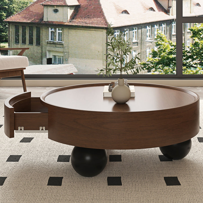 Round Coffee Table With Storage Drawer And Ball Feet - Walnut / Black