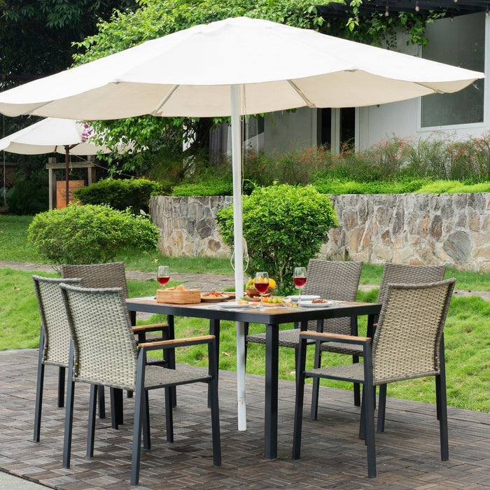 All Weather 7 Piece Patio Dining Table Set With Umbrella Hole - Brown / Gray