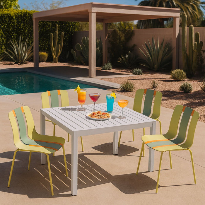 4 Piece Set Of Modern Striped Color- Blocking Single Chairs With Long Table
