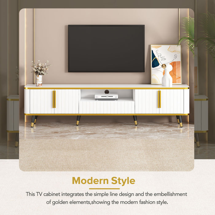 On Trend Luxury Minimalism TV Stand With Open Storage Shelf For TVs Up To 85" , Entertainment Center With Cabinets And Drawers, Practical Media Console With Unique Legs For Living Room, White
