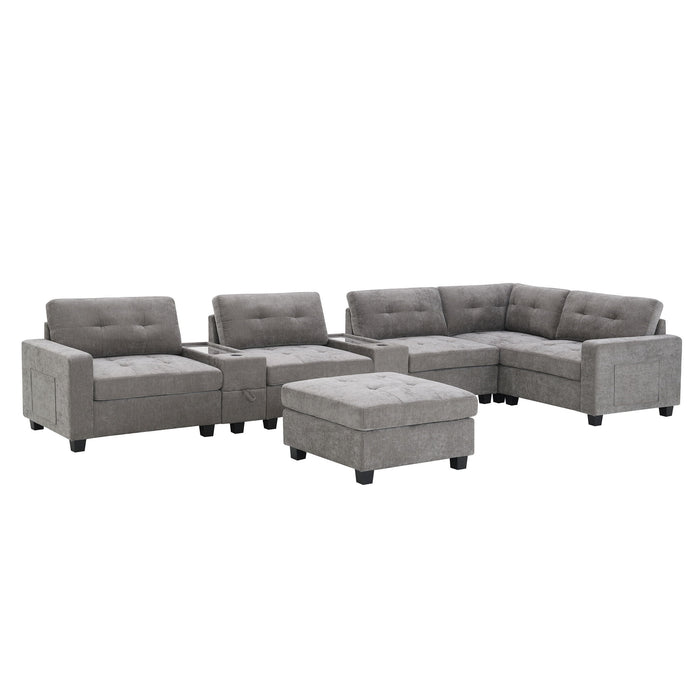 Sectional With Acrylic Table Top U Shaped Couch Set With 2 Consoles USB Charger, Storage Drawers And Pockets Movable Ottoman Tufted Sofa