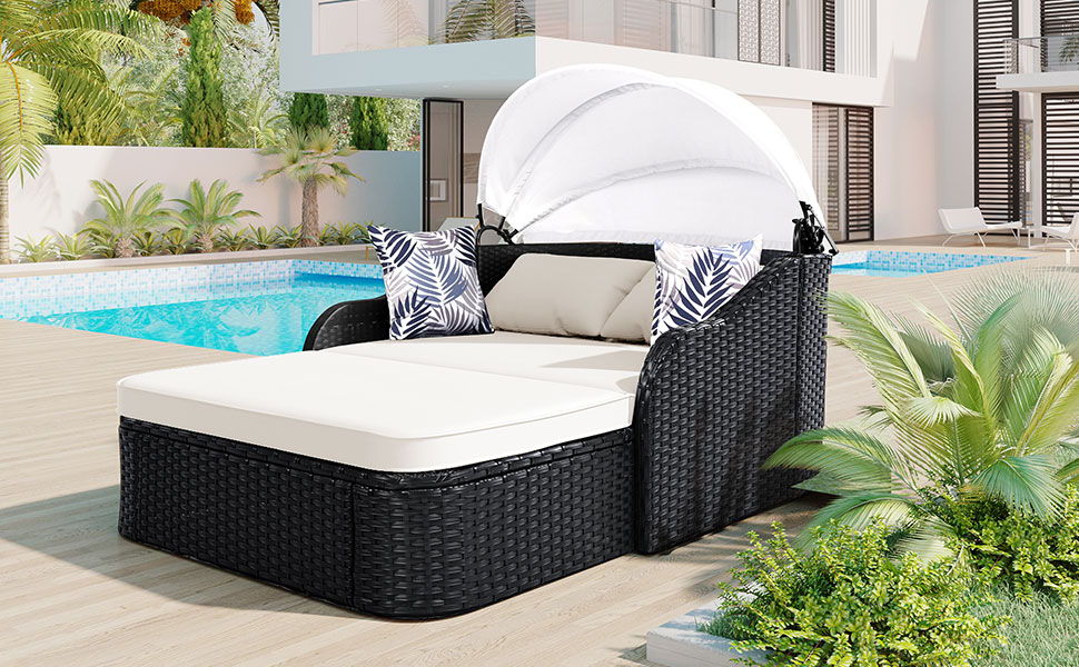Outdoor Sunbed With Adjustable Canopy, Double Lounge, Daybed - Black / Beige