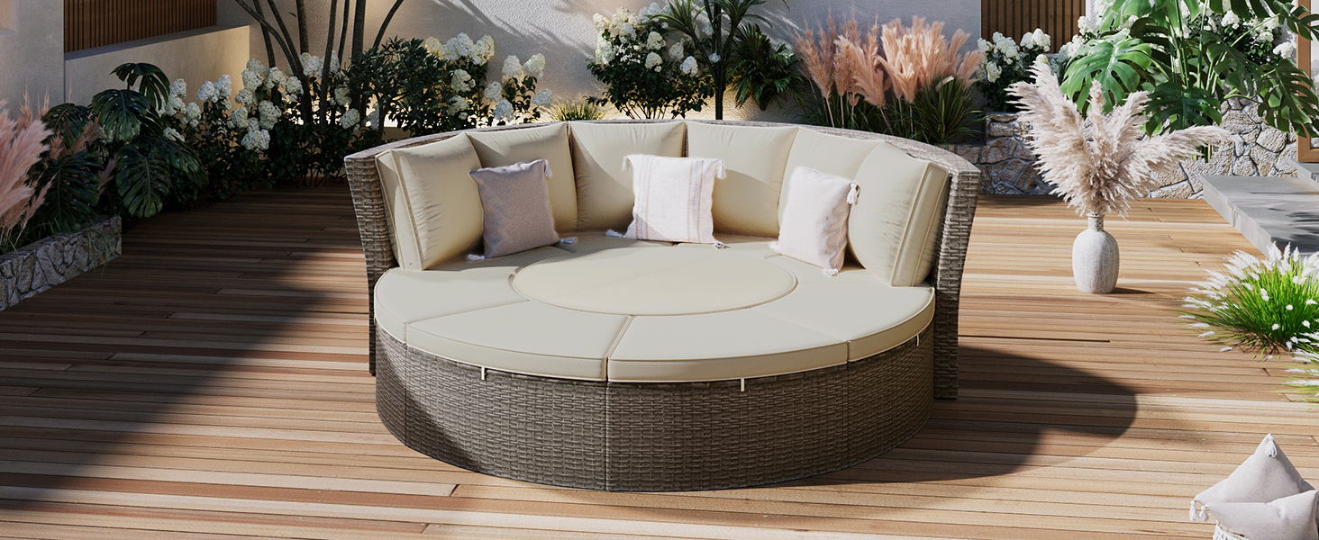 Topmax Patio 5 Piece Round Rattan Sectional Sofa Set All-Weather PE Wicker Sunbed Daybed With Round Liftable Table And Washable Cushions For Outdoor Backyard Poolside, Gray