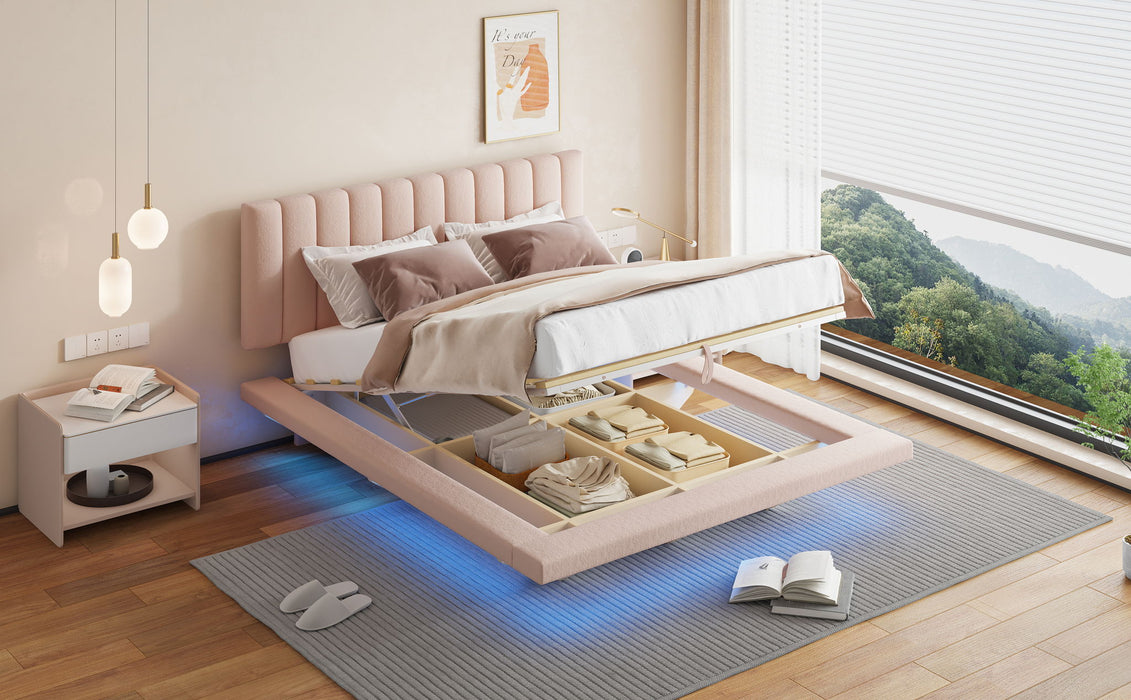 Upholstered Floating Hydrualic Platform Bed With LED Light And USB Port