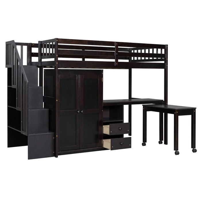 Loft Bed With Stairs, Bookshelf, Drawers, Desk & Wardrobe, Space Saving Multifunctional Furniture
