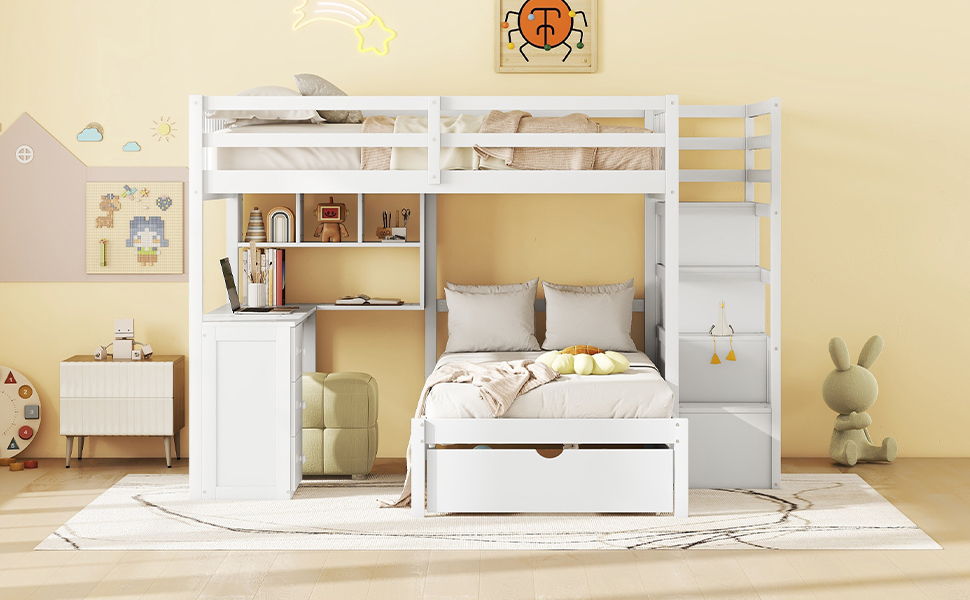 Bunk Bed With Desk, Drawers And Shelves
