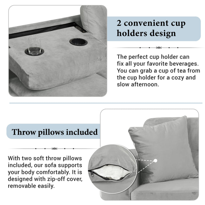 Modern Sectional Sofa With Storage Ottoman, L - Shape Couch With 2 Pillows And Cup Holders