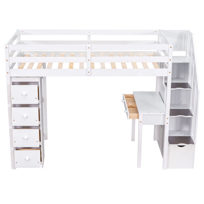 Loft Bed With Storage Drawers, Desk And Stairs With Shelves