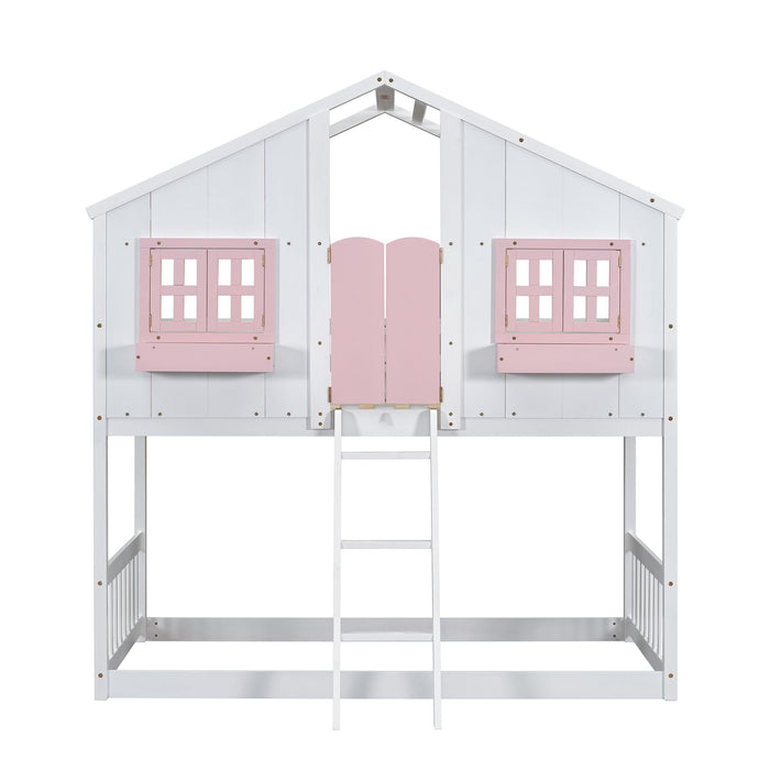 House Bunk Bed With Roof, Window, Window Box, Door, With Safety Guardrails And Ladder