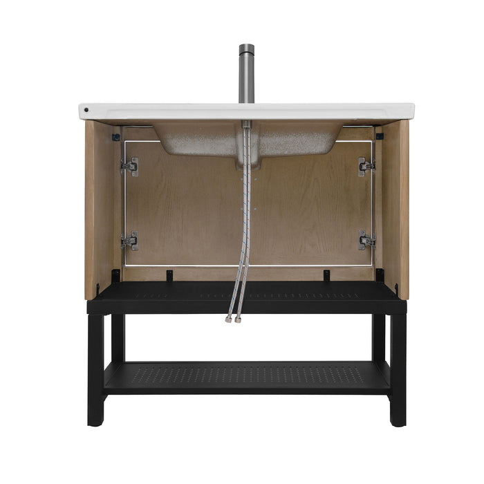 Modern Freestanding Bathroom Vanity With Ceramic Sink, Hot And Cold Faucet, Storage Cabinet & Open Shelf
