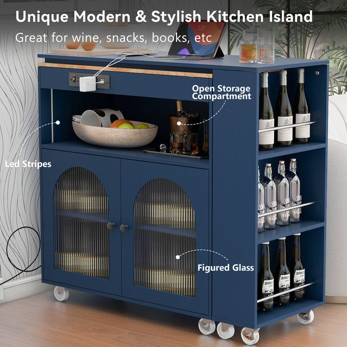 K & K Rolling Kitchen Island With Extended Table, Kitchen Island On Wheels With LED Lights, Power Outlets And 2 Fluted Glass Doors, Kitchen Island With A Storage Compartment And Side 3 Open Shelves, Navy