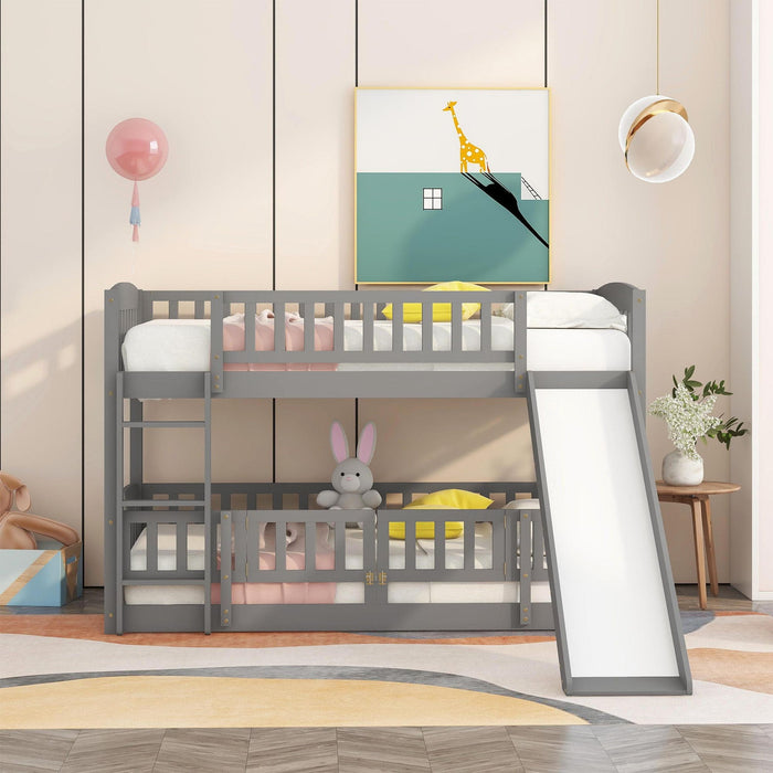 Bunk Bed With Slide, Twin Over Twin Low Bunk Bed With Fence And Ladder For Toddler Kids Teens Gray