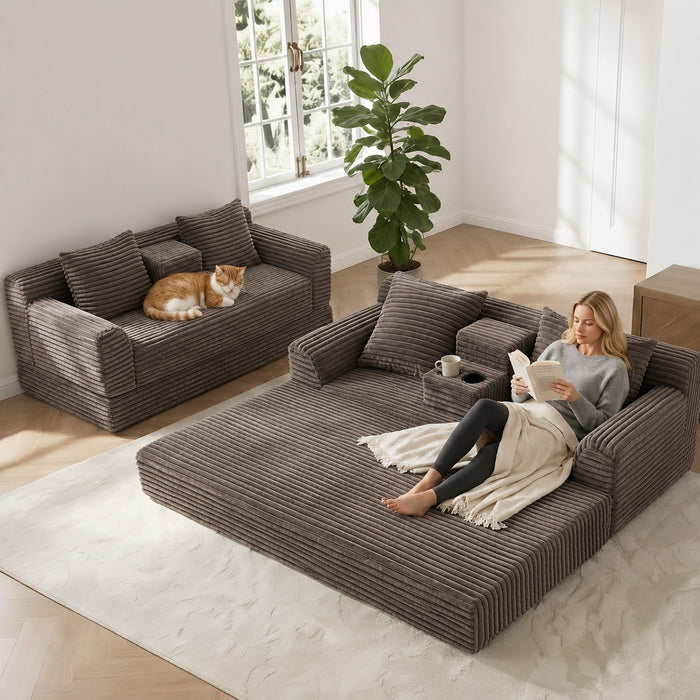 Soft Striped Convertible Sofa Bed, Dual Use Lounge Couch With Cup Holders And Pillows