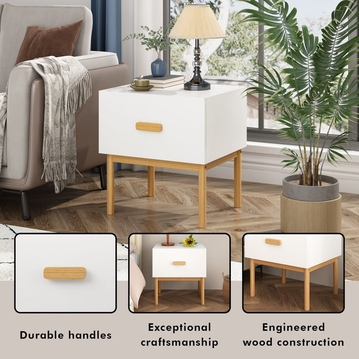 Nightstand With Drawer, Minimalist Bedside Table With Handle For Bedroom - White