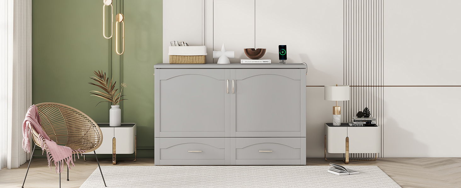 Murphy Wall Bed With Drawer And A Set Of Sockets & USB Ports, Pulley Structure Design