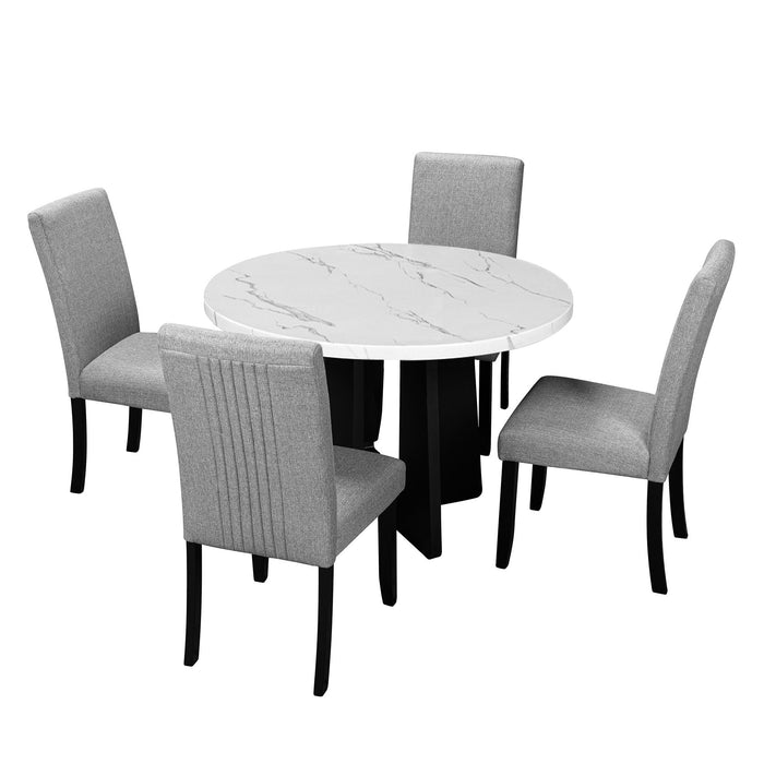 5 Piece Round Dining Table Set, Dining Table And 4 Upholstered Chairs For Dining Room, Kitchen Room, Living Room - White / Gray