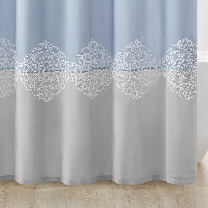 Pieced And Embroidered Shower Curtain - Blue