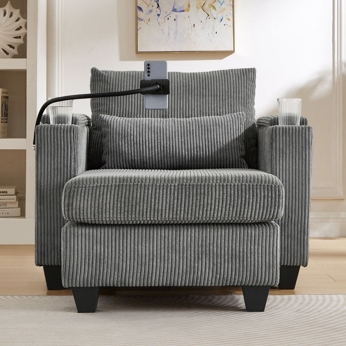 Convertible Chaise Lounge Sofa Chair With USB Ports, Cup Holders, Phone Holder And Storage