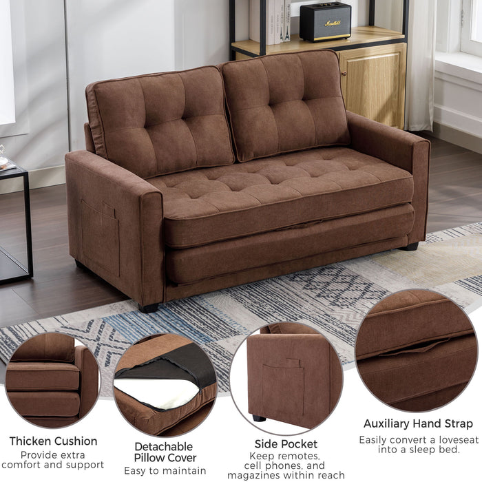 59.4" Loveseat Sofa With Pull-Out Bed Modern Upholstered Couch With Side Pocket For Living Room Office, Brown
