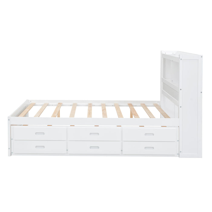 Full Size Platform Bed With Trundle, Drawers, USB Ports And Built In Shelves - White