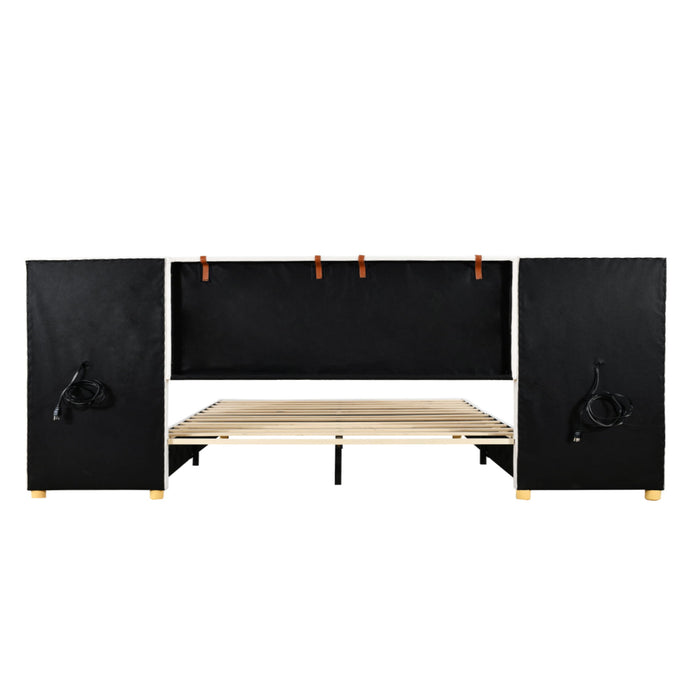 Upholstered Platform Bed, 2 Outlets And USB Charging Ports On Both Sides, 2 Bedside Pillows, Storage Shelves
