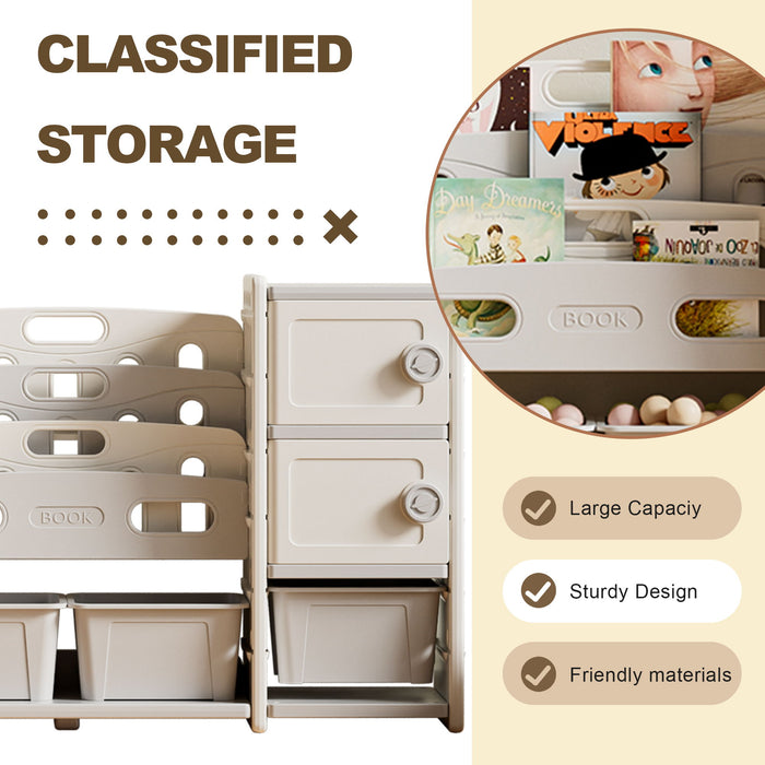 Kids Toy Storage Organizer With 8 Removable Toy Bins, 4 Tier Bookshelf, And 2 Cabinet Storage - Gray / Ivory