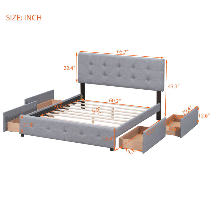 Upholstered Platform Bed With Classic Headboard And Drawers, No Box Spring Needed