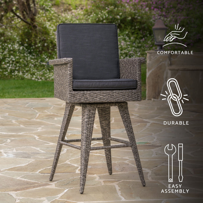 Outdoor Rattan Swivel Barstool With Water Resistant Cushion - Mixed Black / Dark Gray